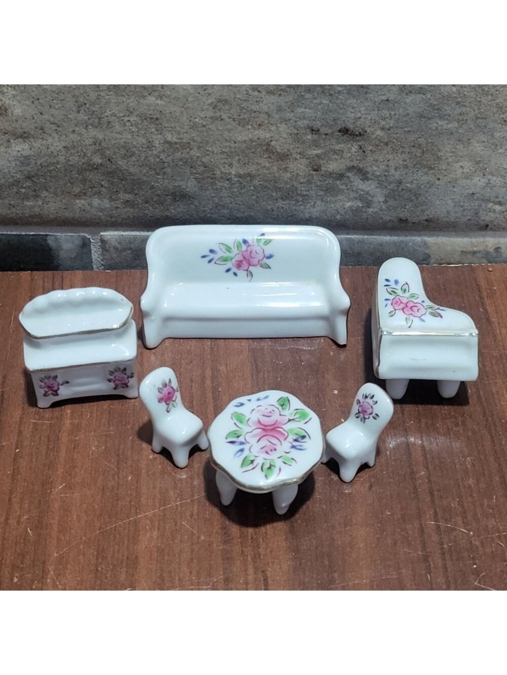 Vintage Miniature Porcelain Dollhouse Furniture Set Pink Rose Gold Trim 6pc